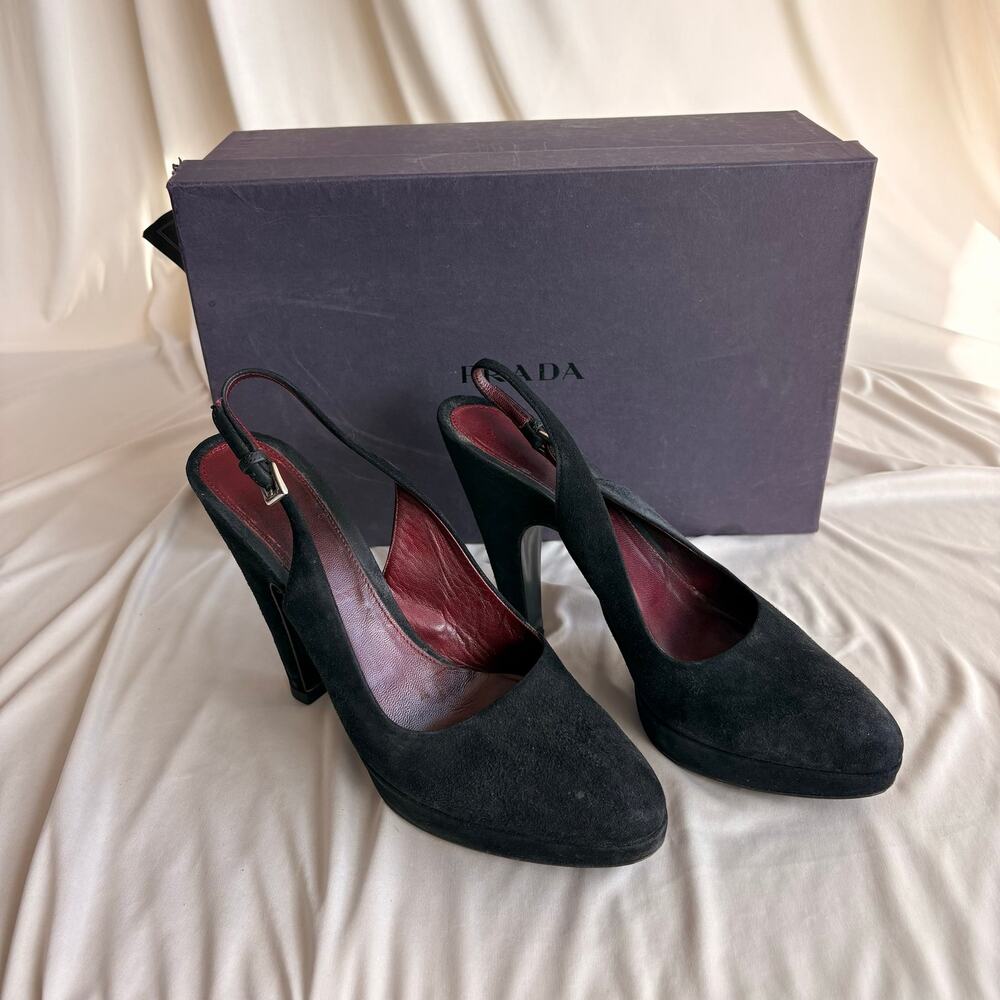 Vintage Prada Black Suede Slingback Platform Pumps - Silver Buckle, 37.5